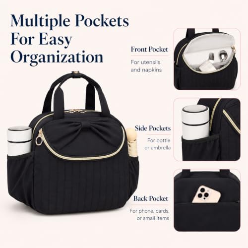 Bluboon Lunch Box for Women Cute Lunch Bag Reusable Insulated Lunch Bags Large Capacity Lunchbox Cooler for Work Picnic or Travel Gifts (Large Bow Solid Black, 10 x 7.5 x 8 inches)