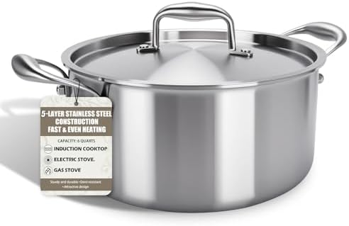 5 Ply Stainless Steel 6 Quart Stock Pot with Lid Compatible with Any Stove