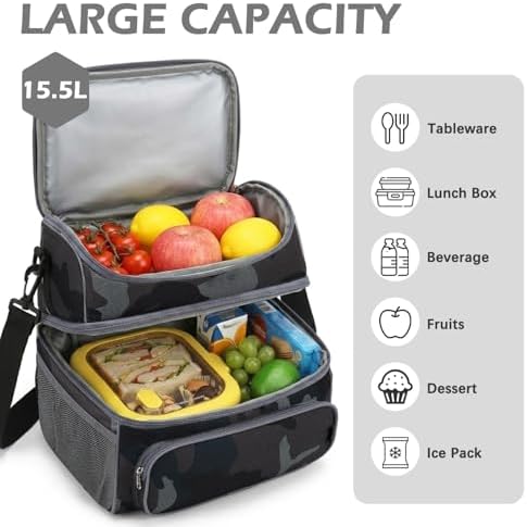 FlowFly Double Layer Cooler Insulated Lunch Bag Adult Lunch Box Large Tote Bag for Men, Women, With Adjustable Strap,Front Pocket and Dual Large Mesh Side Pockets