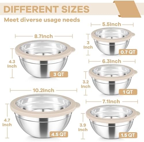 TeamFar Mixing Bowls Set, Stainless Steel Salad Bowl with Lids, Khaki