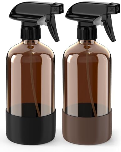 Bontip Glass Spray Bottle with Silicone Sleeve Protection, Amber Glass Spray Bottle Set for Window Cleaner Aromatherapy Facial Hydration Watering Flowers Hair Care 2 Pack/16 oz (Black & Brown)