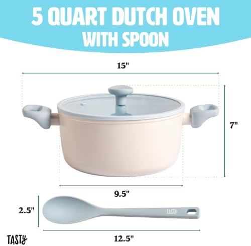 Tasty Ceramic Stock Pot with Glass Lid, Silicone Spoon, Healthy Nonstick Dutch Oven, Soup Pot, Casserole, Made without PFAS, PFOA, PFOS and PTFE, Dishwasher Safe, 5-Quart, 3-Piece Set, Blue