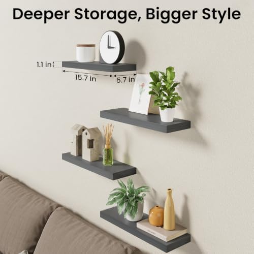 BAYKA Gray Floating Shelves 15.7in, Set of 4, Wall Mount Rustic Wood Shelf