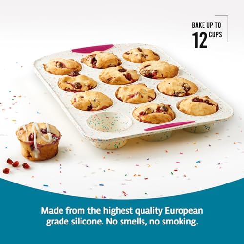Trudeau Reinforced Structured Silicone Muffin Pan, 12-Cup, Confetti/Fuchsia – Hybrid Silicone & Hard Lining for Shape Retention, Non-Stick, Dishwasher Safe, BPA-Free Bakeware for Muffins & Cupcakes