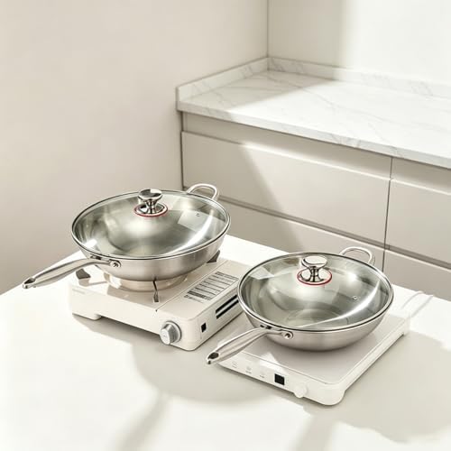 Stainless Steel 316 Wok Pan with Lid, Tri-Ply Stir Fry Pan with Detachable Handle, Works on All Stovetops, Oven & Dishwasher Safe (14 inch)