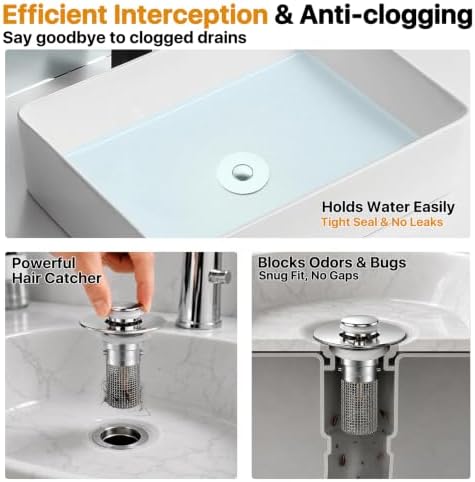 Bathroom Sink Drain Strainer Hair Catcher, Pop Up Universal Sink Drain Stopper with Removable Drain Filter Basket,Stainless Steel Drain Filter Cover Replacement, Sink Plug, Sink Trap,Drain Screen