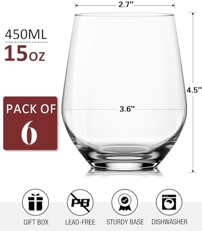OJA Wine Glasses Set, Crystal Stemless Red Wine Glass, Set of 6, 15 oz