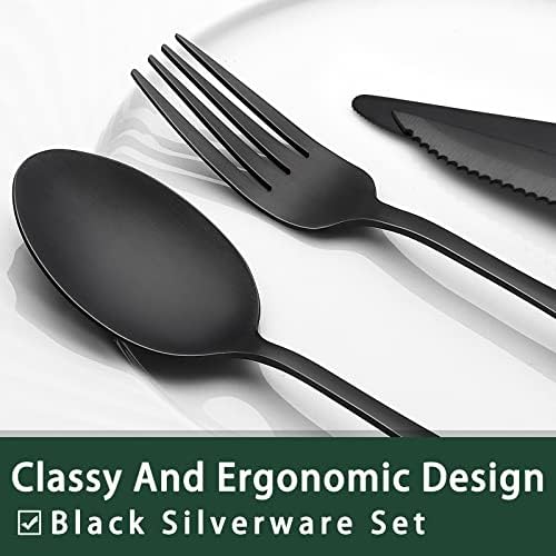 EWFEN 24-Piece Black Silverware Set with Steak Knives, Black Flatware Set for 4, Food-Grade Stainless Steel Tableware Cutlery Set, Mirror Finished Utensil Sets for Home Restaurant, Square Edge