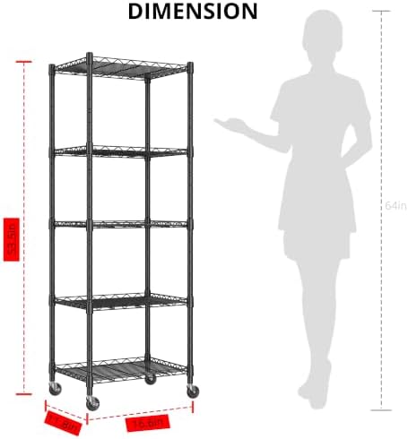REGILLER 5-Wire Shelving Metal Storage Rack Adjustable Shelves,Standing Storage Shelf Units for Laundry Bathroom Kitchen Pantry Closet(Black,11.8" D x 16.6" W x 53.5" H,With Wheels)