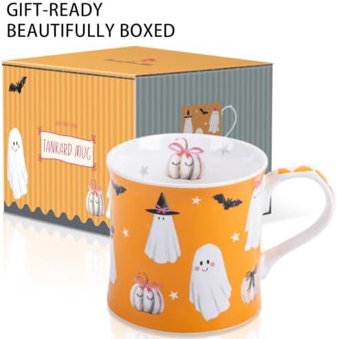 Cute Ghost Halloween Coffee Mug, 12oz Orange Ceramic Coffee Cup with Bow Pumpkins, Bats & Witch Hat Design, Spooky-Cute Holiday Gift for Halloween, Designed in England by Harvest Green Studio