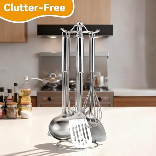 Stainless Steel Kitchen Cooking Utensils Set of 7 - Kitchen Utensils with Hanging Rack, Spatula, Slotted Turner, Soup Ladle, Slotted Spoon, Whisk, Pasta Server, Holder, Dishwasher Safe