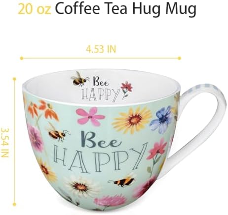 20 oz Bees & Flowers Coffee Hug Mug,“Be Happy” Designed to Spread Joy, Premium Bone China, Best Gifts for Mom Women Mothers Day, Designed in England by Harvest Green Studio
