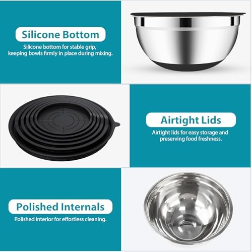 ENVTEK Mixing Bowls Set with Airtight Lids,Non-Slip Silicone Bottoms, Black
