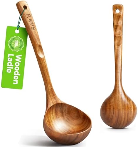RAVS Wooden Ladle for Soup, 100% Natural Acacia Wood with 12.4″ Long Handle, No-Scratch Cookware Surface, Wooden Soup Ladle for Cooking, Gravy, Sauce, Porridge