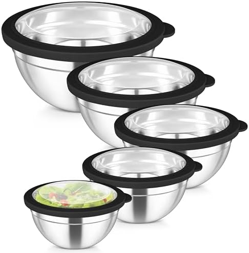 TeamFar Mixing Bowls Set, Stainless Steel Salad Bowl with Lids, Black