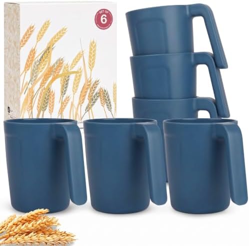 Wrova 16oz Wheat Straw Cups with handles set of 6-Plastic Cups Reusable-Unbreakable Kids Mugs-Dishwasher Safe & Microwave Safe-Ideal Plastic Mugs for Tea,Coffee,Camping,RV-Navy Blue
