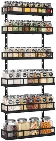 X-cosrack 6-Tier Wall-Mounted Spice Rack Organizer with Mixed Basket Sizes, Height-Adjustable Hanging Spice Shelf for Kitchen Pantry Cabinet, Large-Capacity Seasoning Holder, Black