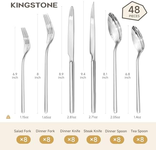KINGSTONE 48-Piece Silverware Set with Steak Knives, Flatware Set for 8, 18/10 Stainless Steel Tableware Cutlery Set for Home Restaurant, Mirror Finish,Modern Design