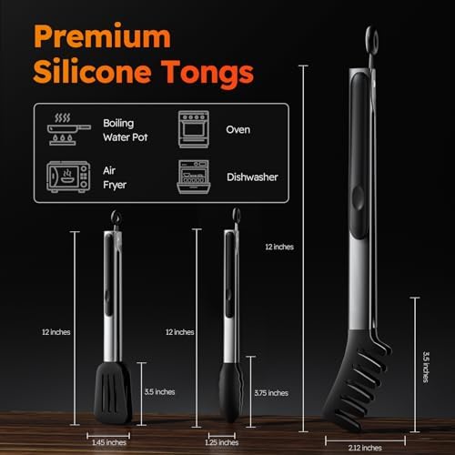 HST Non Stick Cooking Tongs Silicone Tips, 3 Pack 12 Inch Black BBQ Baking