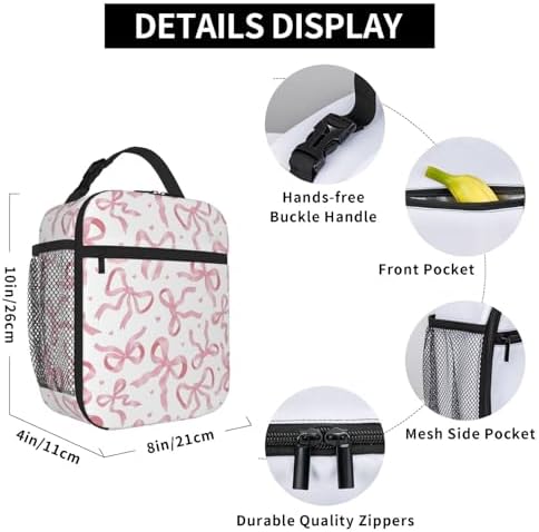 Pink Bow Tie Insulated Lunch Box for Kids, Small Cooler Lunch Bag lunchbox for School, Toddler Lunch Box for Girls, Waterproof Durable Portable Lunch Tote Bag Food Container for Travel Picnic Work