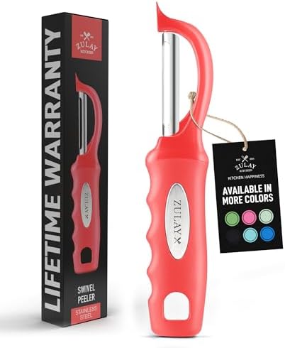 Zulay Kitchen Premium Vegetable Peeler for Kitchen - Swivel Peeler with Razor Sharp Stainless Steel Blades & Strong Ergonomic Handle - Dishwasher Safe, Easy To Use with Blemish Remover - Red