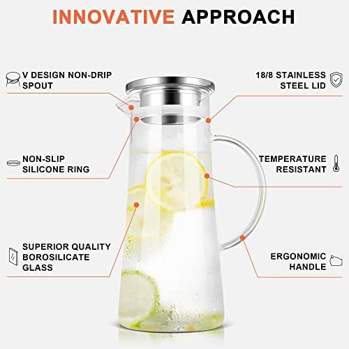 SUSTEAS 1.5L/51oz Glass Pitcher with Lid and Handle,Carafe for Hot/Cold
