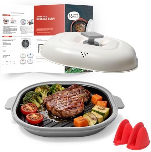 AHJ Microwave Grill Pan with Lid for Meat, Browning and Crisping, Gray