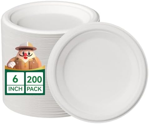 JOLLY CHEF 100% Compostable Small Paper Plates, 200 Pack 6 Inch Heavy Duty Dessert Plates, Disposable Biodegradable Eco-Friendly Sugarcane, Bulk White
