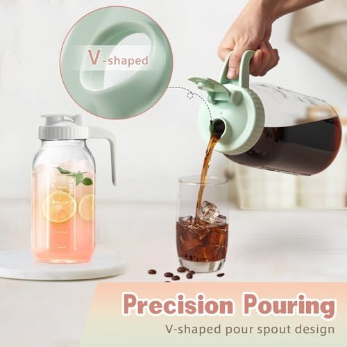 2 Pack Mason Jar with Pour Spout Lid V-shaped, 2 Quart Iced Tea Pitcher Double Leak Proof, 64 oz Drink Pitcher for Breastmilk, Sun Tea, Juice, Coffee Creamer, Formula Pitche