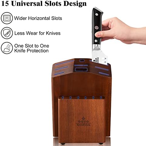 ENOKING 15 Slots Universal Knife Block, Acacia Wood Knife Block without Knives, Knife Holder for Kitchen Counter- Wider Angled Openings for Keeping Knives Sharp