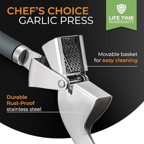 ORBLUE Garlic Press and Peeler Set, Stainless Steel - Professional Grade Mincer, Crusher - Dishwasher Safe & Rust-proof, Gray