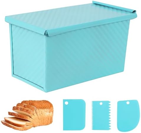 Blue Pullman Loaf Pan with Lid, Sandwich Bread Pullman Loaf Pan, 1LB Dough Capacity Rectangular Bread Pan, Non-Stick Loaf Pan with Dough Scraper Cutter for Sandwich Bread