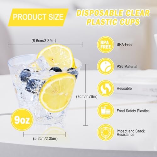 BYSNOW 300 Pack 9 oz Clear Plastic Cups, Disposable Plastic Cocktail Cups