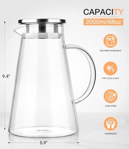 LUNA&MANTHA Glass Pitcher, 68oz Water Pitcher with lid and Handle,Ice Tea