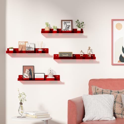 upsimples 4 Pcs 15" Acrylic Shelves for Wall Decor and Display, Red