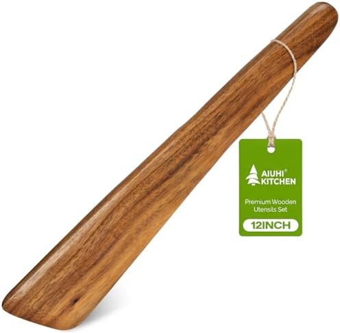 AIUHI 12 Inch Wooden Spatula for Cooking, Non-Stick Safe Teak Spatula Turner, Wooden Egg Flipper & Scraper, Essential Wooden Cooking Utensils for Kitchen