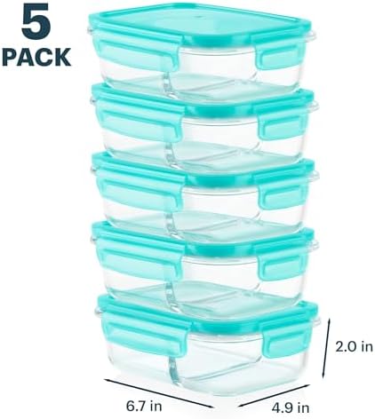 Pyrex Glass Meal Box (5-Pack, 2.3 Cup) Divided Compartments, Locking Lids