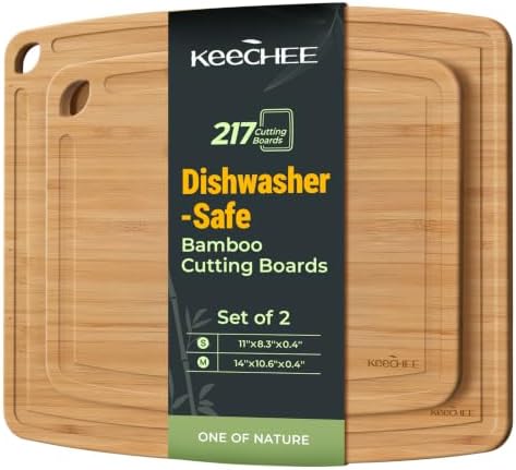 Keechee Dishwasher Safe Bamboo Cutting Boards Durable Lightweight Wood Cutting Board for Busy Kitchen, Easy Storage & Clean Wooden Chopping Boards with Juice Groove Set of 2 (M+S)