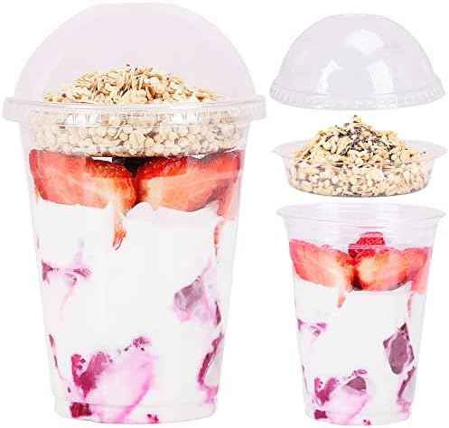Aatriet 16 oz Clear Plastic Parfait Cups with Insert 4oz & Dome Lids No Hole - (50 Sets) Yogurt Fruit Parfait Cups for Dips and Veggies, Take Away Breakfast and Snacks. No Leaking