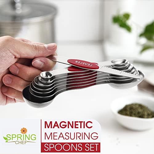 Spring Chef Stainless Steel 8 Magnetic Measuring Spoons Set, 2 Pack, Red