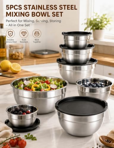 Stainless Steel Mixing Bowl Set with Lids, 5PCS Kitchen Food Prep Bowls