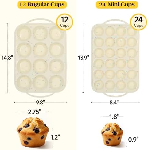 CAKETIME Silicone Muffin Pans for Baking, Metal Reinforced Frame Regular 12 Cups & Mini 24 Cups Cupcake Pan Set Nonstick Muffin Pan for Homemade Baking Easy to Handle