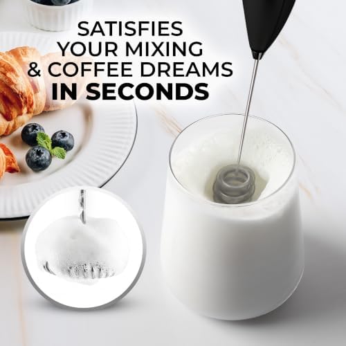 Zulay Kitchen Powerful Milk Frother Wand With Duracell Batteries - Ultra Fast Handheld Drink Mixer - Electric Whisk Foam Maker for Coffee, Lattes, Cappuccino & Matcha - Triple Whisk - Midnight Elite