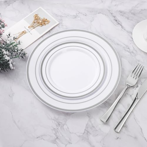 BESTVIP 50Pcs Silver Plastic Plates, 10.25 Inch Disposable Party Plates