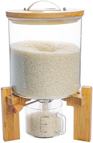 Rice Dispenser, Rice Storage Container, Flour and Cereal Container for Kitchen Organization and Pantry Store, Glass Cereal dispenser with Airtight Lid and Wooden Stand 5L