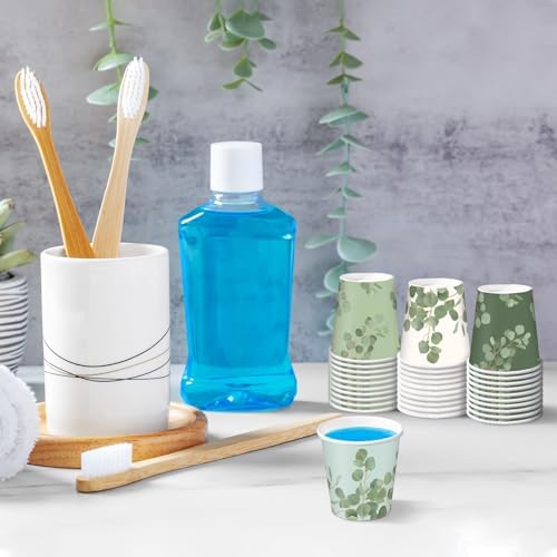 RUSPEPA 2 oz Bathroom Cups, Disposable Paper Cups - 100 Pack Set Eucalyptus Design Printed - Mini Mouthwash Rinse Paper Cups for Home, Bathroom, Picnic, Party, and Events