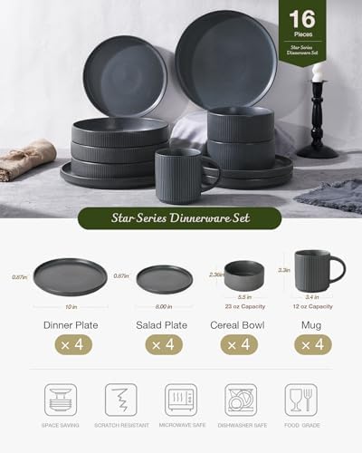 Famiware Star Dinnerware Sets with Mugs, Ceramic Plates and Bowls Set for 4