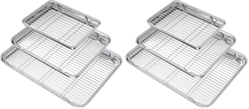 Wildone Baking Sheet with Rack Set (3 Pans + 3 Racks), Stainless Steel Baking Pan Cookie Sheet with Cooling Rack, Non Toxic & Heavy Duty & Easy Clean (Pack of 2)