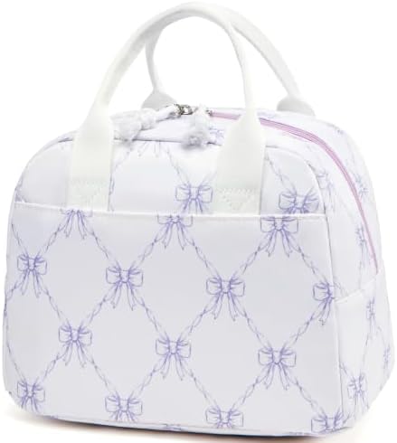 LOVELYWIND Lunch Box for Women, Insulated Lunch Bag, Purple Bow Print Tote