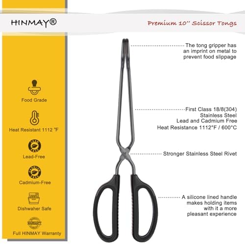 HINMAY 10" Stainless Steel Scissor Tongs with Comfort-Grip Handle (Black)